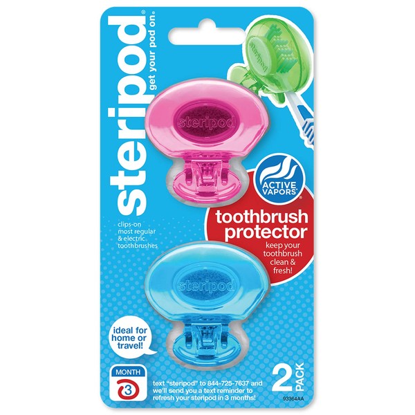 Steripod Clip-on Toothbrush Protector, Pink and Blue, 2 Count