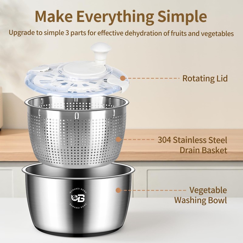 5.3 Qt Stainless Steel Salad Spinner, BOMANSI BOMS Large Salad