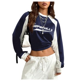 SOLY HUX Women's Crewneck Sweatshirts Y2k Vintage Graphic Long Sleeve Shirts Pullover Streetwear Dark Blue Graphic Medium