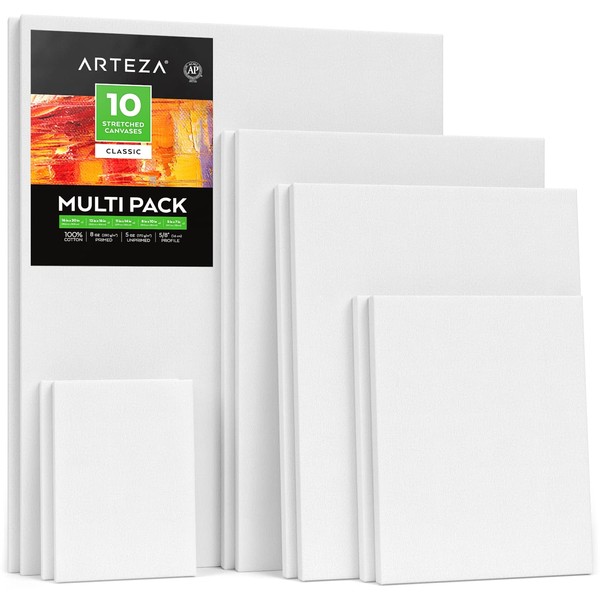 Arteza Stretched Canvas, Multipack of 10, 5 x 7, 8 x 10, 11 x 14, 12 x 16, 16 x 20 Inches – 2 of Each, 100% Cotton, 8 oz Gesso-Primed, Art Supplies for Acrylic Pouring and Oil Painting,White