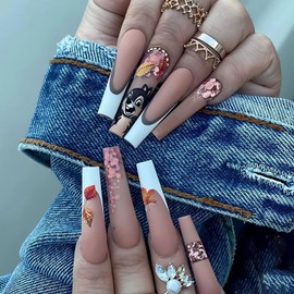 24 Pcs Fall French Tip Press on Nails Long Coffin Fake Nails with Squirrel Design Matte Full Cover False Nails Thanksgiving Nails Press ons Artificial Glue on Nail Reusable Stick on Nail for Women
