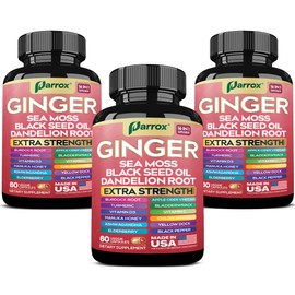 Parrox Ginger Black Seed Oil Ashwagandha Turmeric Bladderwrack Burdock Sea Moss Vitamin C Vitamin D3 Elderberry Manuka Honey Dandelion Yellow Dock Chlorophyll ACV Apple Cider Vinegar (3 Pack)