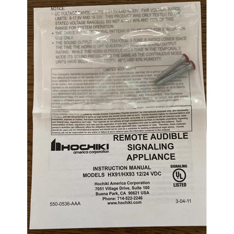 HOCHIKI HX93-R FIRE ALARM MINI HORN,WALL,24 VDC,TEMPORAL/C