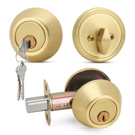 Moquin Brushed Gold Round Design Single Cylinder Deadbolt with Key, Satin Brass Modern Keyed Dead Bolt for Exterior Front/Entrance Doors and Office Doors
