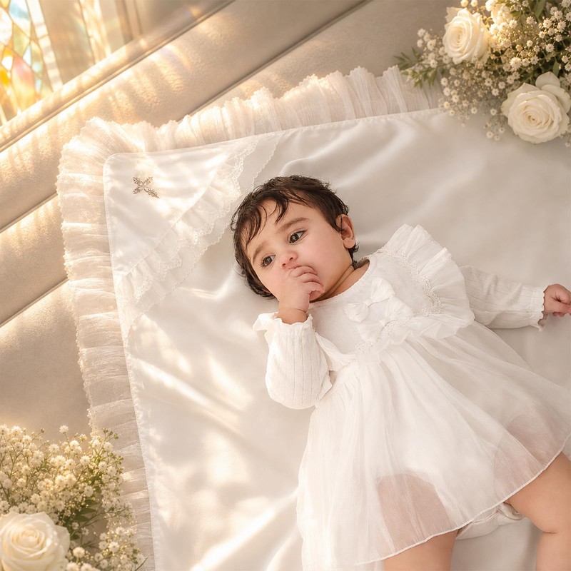 Pinuotu Silky Tencel Hooded Baptism Christening Blanket, Cross Gift, 40x40