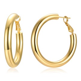 Chunky Hoop Earrings with 925 Sterling Silver Post 14K Gold Plated 5mm Thick Hoops Lightweight Loop Earrings for Women (Golden)