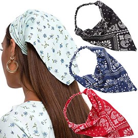 Floral Elastic Hair Scarf Headband - 3 PCS Chiffon Head Kerchief Headband Print Floral Hair Scarves with Hair Clips Kerchief Head Scarf Hair Bandanas for Women (Cashew(Black/Navy/Red))