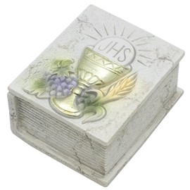 First Holy Communion Keepsake Chest | Storage Box for Religious Jewelry or Rosary | Features a Chalice, Host, Wheat, and Grapes Design | Great Catholic Gift