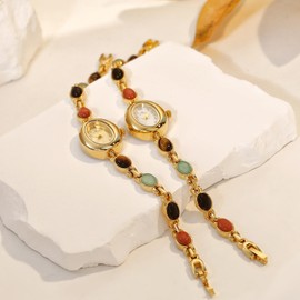 Women's Gold Petite Vintage Colorful Jade Crystals Beaded Waterproof Watch Small Pearl Oval Dial Arabic Numerals Fashion Bracelet Wrist Watch (Gold White)