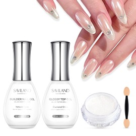 SAVILAND Essentials 3-In-1 Nagel Chrome Set Metallischer Spiegeleffekt Weiß Perl Pulver für Gelnägel Hochpigmentiertes Glasiertes Chrome Nagelpulver mit Nudes Builder Nagelgel und Glossy Top Gel
