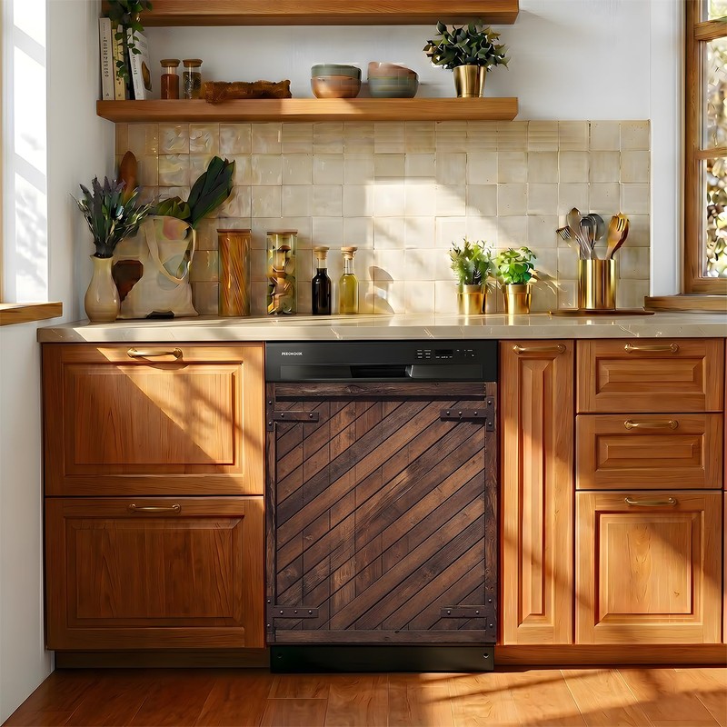 Dishwasher Magnet Cover Brown Wood Look, Waterproof Magnetic Dishwasher Cover