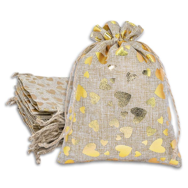 48-pack 12x16 Jute Burlap Canvas Gift Bags w/Drawstring (Golden Hearts, X-Large) - for Presents, Party Favors, Retail, Samples by TheDisplayGuys