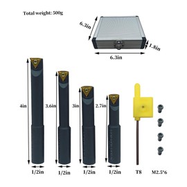GBJ 1/2"Round Shank Boring Bar Set,90 Degree with Indexable Carbide Inserts TCMT21.51(TCMT110204),4 Pieces/Set for Processing Steel and Stainless