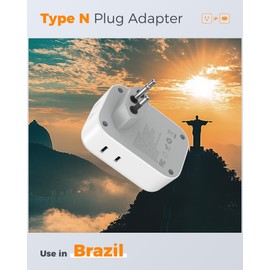 TESSAN Brazil Plug Adapter 2 Pack, 7 in 1 US to Brazil Power Adapter with 3 USB Ports (1 USB-C Port) 4 American Outlets, Type N Travel Adaptor for USA to Brazilian