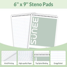 SUNEE Steno Pads 6x9 5 Pack, Gregg Rule, 60 Sheets, 5 Assorted Color Spiral Notebook 6x9, White Paper, Take Notes with Top Spiral Notebook, for School, University, College, Work, Office