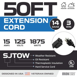 IRON FORGE CABLE Outdoor Extension Cord 50 ft - 14 Gauge 15 Amp Heavy Duty Power Extension Cords - SJTOW - Oil Resistant - Black -Great for Major Appliances, Farms & Ranches