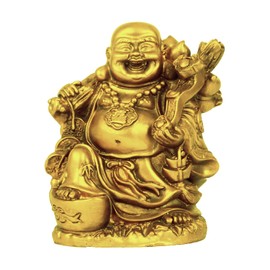 Tied Ribbons Laughing Buddha Statue for Good Luck | Resin, Golden | 5 Inch | Buddha Idol for Home, Living Room, Office, Table, Wealth, Buddha Decor | Feng Shui Buddha Statue Indoor