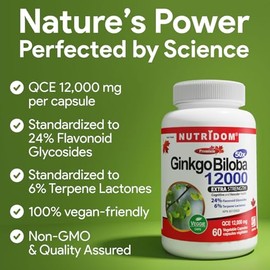 Nutridom Nutridom Ginkgo Biloba 12000 mg C Extra Strength 24% Flavonoid, 6% Terpene C Memory, Focus & Circulation Support C Non-GMO, Vegan, 120 Capsules (120 Day Supply)