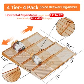 PanPanPal Spice Drawer Organizer, 4 Tier- 4 Pack Amber Acrylic Drawer Seasoning Organizer, Expandable From 11'' to 22'' Kitchen Spice Rack Organizers and Storage for Drawer (Jars not included)