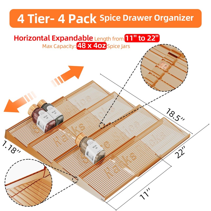 PanPanPal Spice Drawer Organizer, 4 Tier- 4 Pack Amber Acrylic