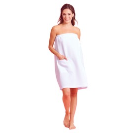 Women Waffle Spa/Bath Wrap with Pocket - Soft Lightweight Comfortable Adjustable Closure, Dry Fast (Small/Medium, White)