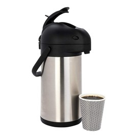 Restaurantware Met Lux 3L Coffee Dispenser, 1 Pump Lever Coffee Pump Dispenser-25 Hr Heat Retention, Built-In Handle, Silver Stainless Steel Airport Thermal Coffee Carafe, For Airports, Hotels, Shops