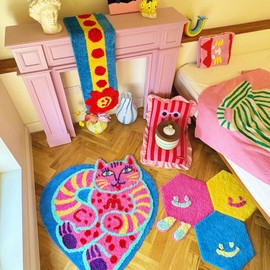 Heart Shaped Rug, Playful Funky Illustrated Style, Cozy Soft Plush, 3D Textured, Washable Anti-Slip, 37" x 39",Pink Blue Green, for Bedroom Living Room Kids Room Home Decor (Blue Pink Multi-color)