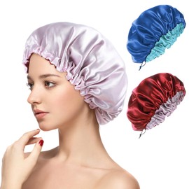 2 PCS Shower Cap Satin Bonnet Sleep Bonnets for Women, Double Layer Silk Hair Bonnet for Sleeping, Elastic Ajustable Hair Cover for Sleeping, Sleep Cap for Natural and Curly Hairs, Soft and Breathable
