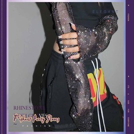 GEMILY Glitter Long Rhinestone Gloves Fingerless Fishnet Arm Sleeves Sparkle Bling Fashion Rave Party Glove for Women(BlackWhite)