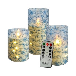 Printed Flameless Candles Sets of 3 , LED Pillar Candles with Remote and Embedded Star String Lights for Home Decorationcolor: Blue water ripple, size: 4"5"6"