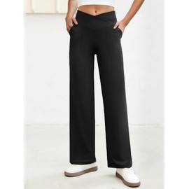 COPYLEAF Wide Leg Pants Woman Crossover Yoga Pants with Pockets Loose Stretchy Work Dress Pants Casual Lounge Sweatpants(Black XXL)