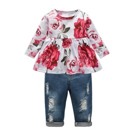 Toddler Infant Baby Girls Clothes Outfits Floral Long Sleeve Pullover Top Pant Jeans 2Pcs Set Red 2-3T