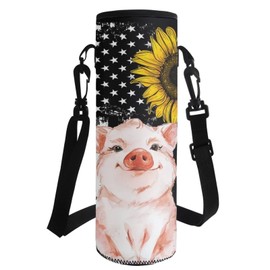 COEQINE Portable Water Bottle Cup With Cute Pig US Flag, Sunflower Water Cup Sleeves With Strap for Little Gilrs School