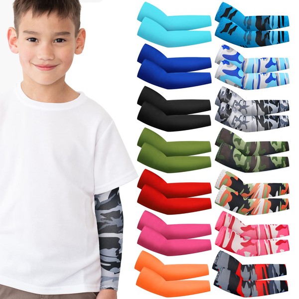 Mepase 14 Pairs Arm Sleeves for Kids UV Sun Protection Cooling Arm Compression Cover 3-7 Age Boy Girl Toddler Sport Football (Novel Color)