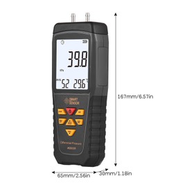 SMART SENSOR AS511 Digital Differential Pressure Gauge -39.98~39.98KPA Manometer Dual Port Air Gas Pressure Tester with LCD Backlight Display Supports Temperature & Humidity Measurement 12 Units Data Storage