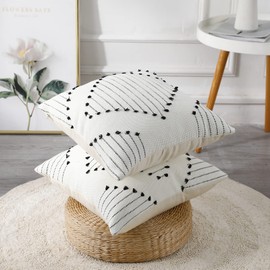 PANOD Set of 2 Boho Tufted Throw Pillow Covers with Tassel 20x20 inch, Decorative Indoor Outdoor Bohemian Square Cushion case Pillowcase for Couch Sofa Livingroom car Farmhouse Black and Cream White