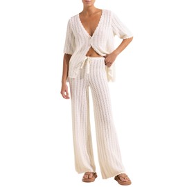 Imily Bela Women's Summer 2 Piece Swimsuit Cover up Crochet Knit Cardigan Tops Long Pants Set Bathing Suit Beach Outfit