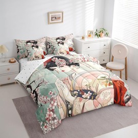 Feelyou Japanese Geisha Girl Comforter Set Queen Size 7 Pieces Cherry Blossoms Bedding Set Japanese Style Japanese Tradition Aesthetic Bed in a Bag with Comforter, Sheets, Pillowcases & Cushion Cover