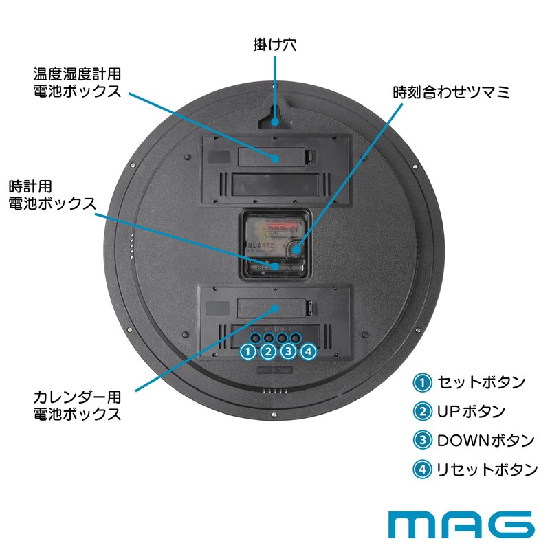 MAG Wall Clock, Wall-Mounted Clock, Analog, Thermometer, Hygrometer, Temperature and