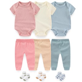BIGBIGKISS Baby Layette Gift Set 9-Piece Baby Bodysuits and Pants Sets Infant Boys Girls Clothes Outfits and Accessories