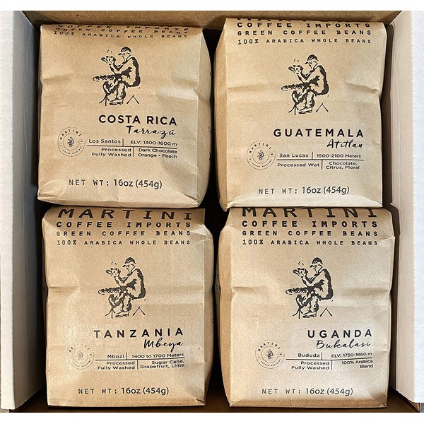 Unroasted Green Coffee Beans - Premium Sampler - 4LBS - 100% raw arabica coffee beans - Guatemala Atitlan, Uganda Bukalasi, Costa Rica Tarrazu, Tanzania Mbeya, Kenya AA