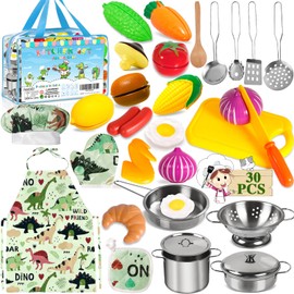 FAMKEEP 30 Pieces Kitchen Toy Accessories Children's Kitchen Cookware Pan Set Apron and Chef Hat for Vegetables Pretend Toy Learning Toy Role Play Educational Toy