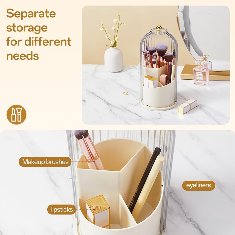 STORICANS Makeup Brush Holder Rotating Organiser with Clear Lid，Sliding Opening