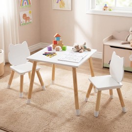 INFANS Kids Table and Chair Set, Wooden Toddler 3-Piece Desk for Playing Eating Drawing Reading Art Crafts, Ideal Children Furniture for Kindergarten Classroom (Square Table)