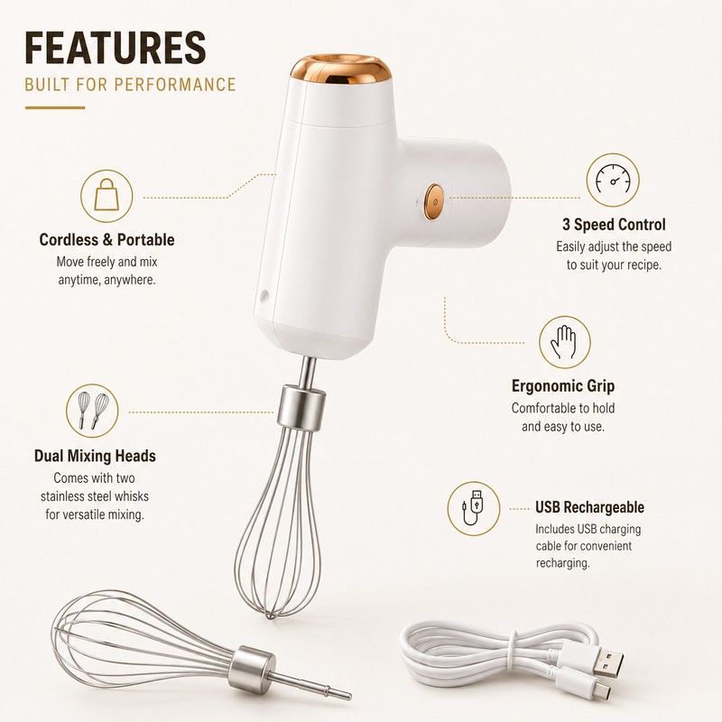 Cordless Hand Mixer for Kitchen Prep – Rechargeable Electric Whisk