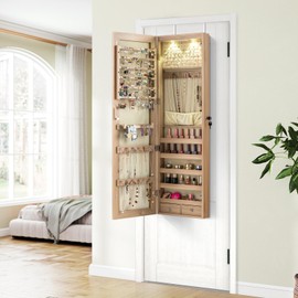 Giantex Wall or Door Mounted Jewelry Armoire with 47.5" Full Length Mirror, Lockable Cabinet with 2 LED Lights, 2 Drawers, Over the Door Large Jewelry Storage Organizer (Light Oak)