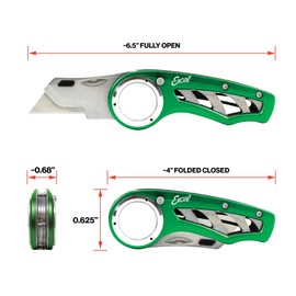 Excel Blades Revo Folding Utility Knife – Heavy-Duty Box Cutter with Aluminum Body, Quick-Change #92 Blades, 3 Lock Positions Design, Anti-Slip Finger Loop Grip, Holster Included – Green