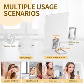 Espejo de maquillaje con espejo de aumento 20X, espejo iluminado con mango plegable ajustable, espejo LED de viaje con 3 luces de color, espejo con luz compacta, esencial de viaje para mujeres