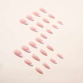 French Tip Press on Nails Pink Heart Fake Nails Medium Almond False Nails with Designs Gold Line Heart Glue on Nails Matte Acrylic Nails Full Cover Nude Nails Decoration for Women Girls