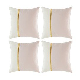 Fancy Homi 4 Packs Pink Decorative Throw Pillow Covers 18x18 Inch for Living Room Couch Bed, Blush Pink and White Velvet Patchwork with Gold Leather, Luxury Home Decor Square Cushion Case 45x45 cm
